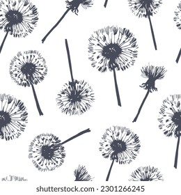 Patrón vectorial sin fisuras de Dandelion, dibujo de Taraxacum eritrospermum, tema floral, gráficos de tintas vintage, dos colores - luz y oscuridad. Preparado para impresión de tela, envoltura, etc.