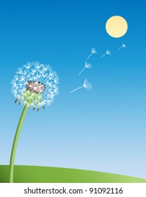 a dandelion seedhead with seeds blowing towards the summer sun under a clear blue sky vector illustration in eps 10 format