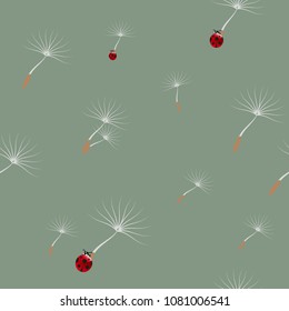 Dandelion seeds flying with ladybugs vector seamless pattern design. Surface pattern design. Great for summer vintage fabric, wallpaper, giftwrap, scrapbooking. Wildflowers on gray green background