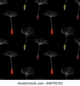Dandelion seeds on black background, vector seamless pattern