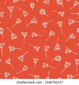 Dandelion seeds seamless repeat pattern. Random placed, vector blowball all over surface print on orange background.