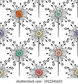 Dandelion seeds seamless vector pattern background. Backdrop of abstract folk art style herbacious flowers with offset color on white backdrop. Hand crafted lino print effect. Botanical repeat