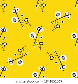 Dandelion seeds seamless vector pattern background. Abstract folk art style groups of herbacious garden or field flowers yelllow black backdrop. Midcentury modern hand drawn line art. Botanical repeat