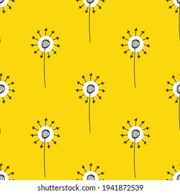 Dandelion seeds seamless vector pattern background. Abstract folk art style isolated herbacious garden or field flowers on stems yellow backdrop. Midcentury modern hand drawn botanical repeat