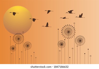 dandelion silhouette with flying seeds and hearts for valentines day illustration, Autumn background, Dandelion Sunset Illustration