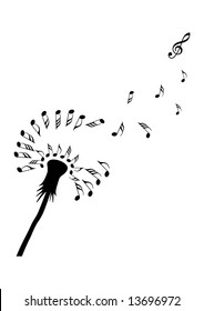 Dandelion silhouette made from musical notes, with some notes flying away towards a G-clef.
A video of this motif is available as well.