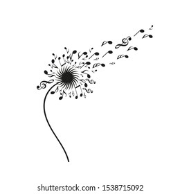 Dandelion silhouette made from musical notes, with some notes flying away towards a G-clef.A video of this motif is available as well.