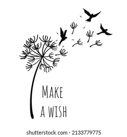 Dandelion silhouette print. Make a wish. Tattoo poster with bird and flower seeds. Motivation message card. Isolated floral scene