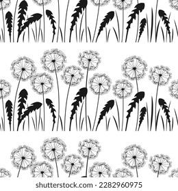 Dandelion silhouette seamless pattern. Abstract flowers dandelions blossom engraved plants repeat wallpaper. Botany floral design template background ornament, boundless scrapbook vector decoration