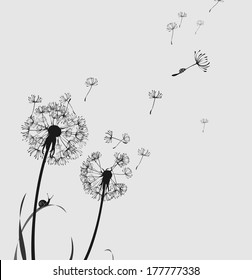 Dandelion silhouette snail and ladybug, black and white