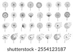 Dandelion silhouettes in black and white with various delicate patterns of seeds and dandelion flowers fluttering in wind. Suitable for decor, art prints and creative projects. Vector illustration.