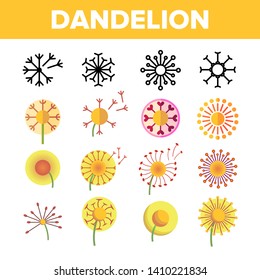 Dandelion, Spring Flower Vector Thin Line Icons Set. Dandelion, Blowball in Blossom Linear Pictograms. Yellow Blooming Flower with Delicate Fluffy Seeds and Pollen Color Symbols Collection