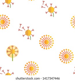 Dandelion, Spring Flower Vector Thin Line Icons Seamless Pattern. Dandelion, Blowball in Blossom Linear Pictograms. Yellow Blooming Flower with Delicate Fluffy Seeds and Pollen Collection