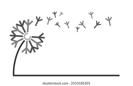 Dandelion stylized symbol with flying seeds.