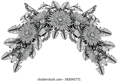 Dandelion summer half wreath. Line art, isolated vector illustration.