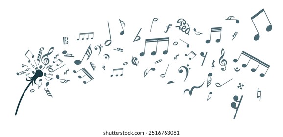 Das Löwenzahn-Symbol mit einem Flug musikalischer Noten.
