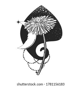 Dandelion tattoo. flower in a black spot with a star. Vector black and white illustration art.