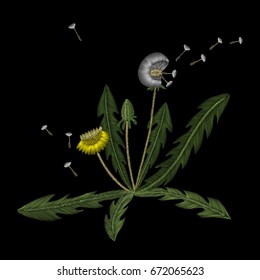 dandelion. Traditional folk stylish stylish floral embroidery on the black background. Sketch for printing on clothing, fabric, accessories, bag and design. Trend, vector