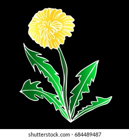 Dandelion vector illustration on black background. Doodle style. Design icon, print, logo, poster, symbol, decor, textile, paper, card. 