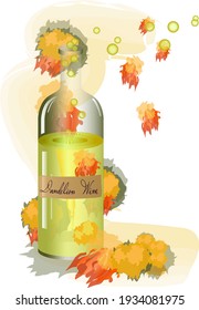 Dandelion wine. a large bottle with a golden drink and many bright stylized flowers. Summer mood

