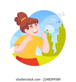 Dandelion wishes isolated cartoon vector illustration. A child blowing off dandelion flower head, making wish, flying white puffs, family summer custom, walking outdoors vector cartoon.