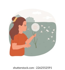 Dandelion wishes isolated cartoon vector illustration. A child blowing off dandelion flower head, making wish, flying white puffs, family summer custom, walking outdoors vector cartoon.