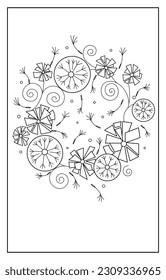 Dandelion wreath, vector. Abstract contour black and white illustration. Stylized floral pattern. Excellent as a background for the production of any printed product, advertising, or other design.