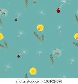 Dandelion yellow flowers and head seeds flying with ladybugs seamless pattern. Surface floral design. Great for vintage fabric, wallpaper, giftwrap, scrapbooking. Wildflowers on green blue background
