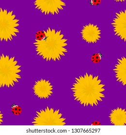Dandelion yellow flowers with red ladybugs seamless pattern. Spring or summer bright pattern on purple background