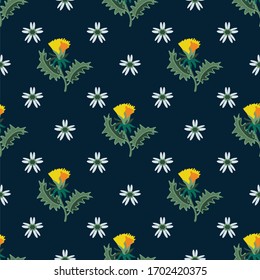 Dandelions blooming on a dark background. Pattern for textiles, fabric, background, packaging paper, Wallpaper.