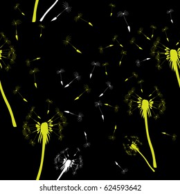 Dandelions blowing seamless pattern. Vector illustration of white  and yellow silhouettes on black background