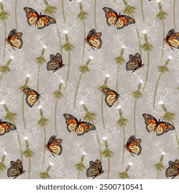 Dandelions and bright butterflies.Vector seamless pattern with fluffy dandelions and butterflies on a colored background.