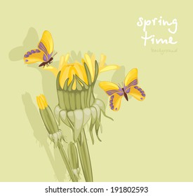 Dandelions and butterflies. Springtime background. Vector