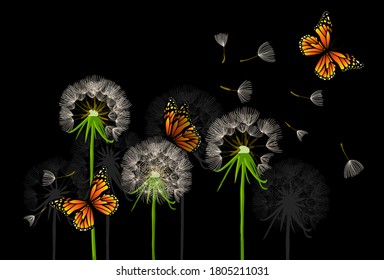 Dandelions with butterflies. Vector illustration