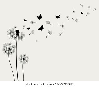 Dandelions and butterfly on the paper background