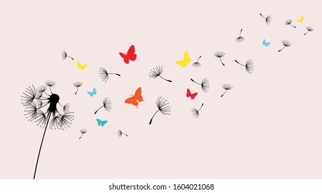 Dandelions and butterfly on the wall background.