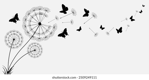Os dentes-de-leão e a borboleta no fundo da parede. Floral com convite de casamento borboleta. Ilustração vetorial