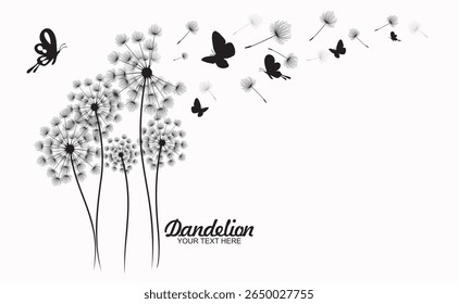 Dandelions with  butterfly on the wall background. Vector illustration