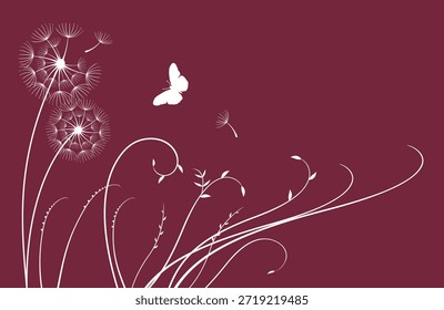Dientes de león y mariposa en el fondo de la pared.  Ilustración vectorial