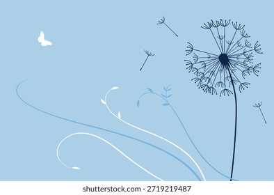 Dientes de león y mariposa en el fondo de la pared.  Ilustración vectorial