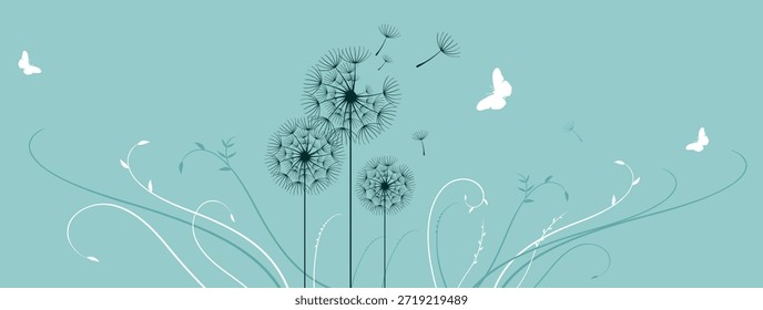 Dientes de león y mariposa en el fondo de la pared.  Ilustración vectorial