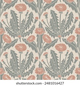 Dandelions Damask Style repeat pattern, seamless botanical pattern for wallpaper, stationery, home decoration, bedding