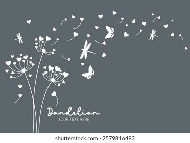 Dandelions with dragonfly and butterfly on the wall background