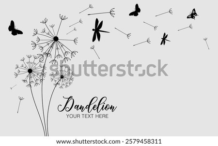 Dandelions with dragonfly and butterfly on the wall background. Vector illustration