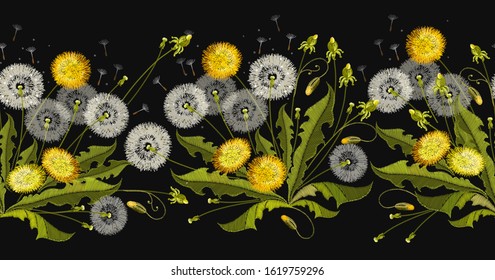 Dandelions embroidery. Beautiful yellow summer flowers, floral art. Horizontal seamless pattern. Fashion template for clothes, t-shirt design 