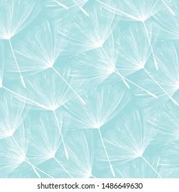 Dandelions floating over blue, vector seamless pattern