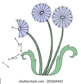Dandelions floating seeds into the air away from flowers and leaves lavender and green color