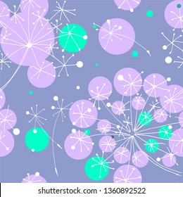 Dandelions flowers with circles hand drawn in blue, pink and white colors seamless pattern on blue background.