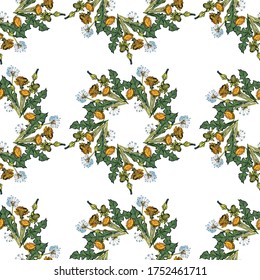 Dandelions flowers. Seamless pattern in cartoon, doodle style. Botanical illustration of a flowering meadow. Ink vector graphics. Design for wallpaper, gift wrap, invitation, textile, fabric, paper.