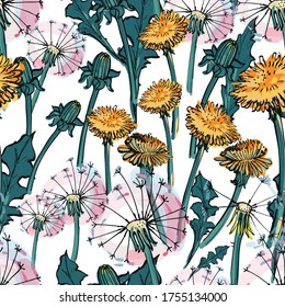 Dandelions flowers. Seamless pattern in cartoon, doodle style. Botanical illustration of a flowering meadow. Ink vector graphics. Design for wallpaper, gift wrap, invitation, textile, fabric, paper.